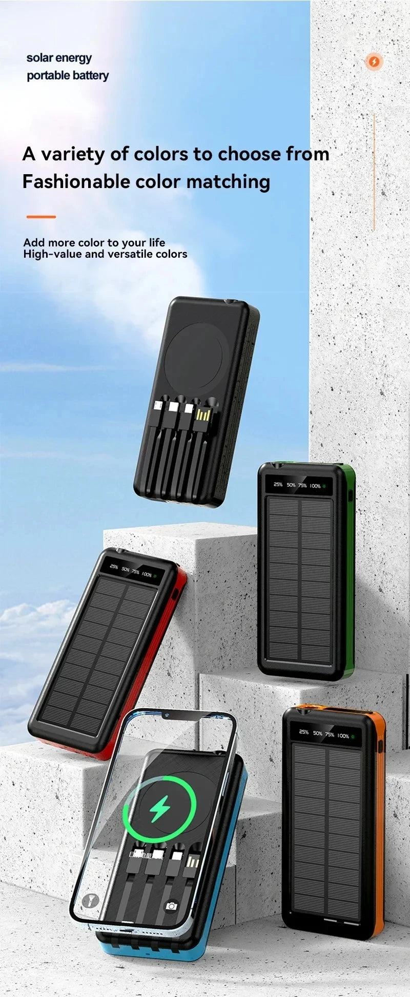 50000mAh Solar Power Bank with Wireless Fast Charging & Dual USB