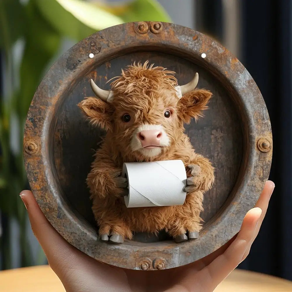 Highland Cow Bathroom Humor Wooden Sign | Rustic Wall Art