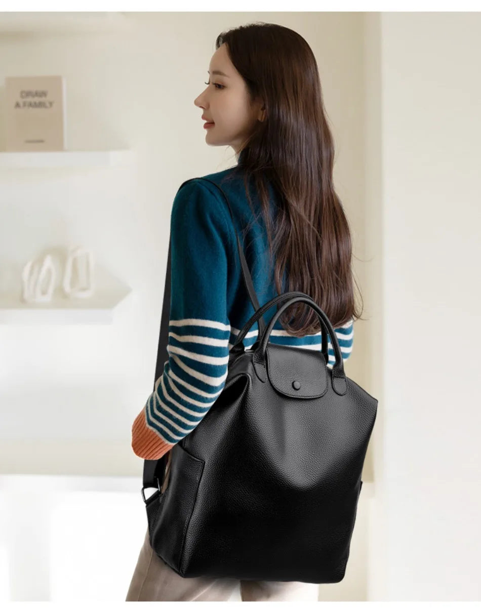 Genuine Cowhide Leather Women's Backpack | Stylish Large Capacity Bag
