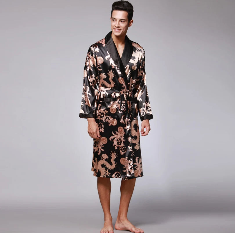 Traditional Japanese KIMONO Fashion YUKATA Oriental Gold Dragons Pattern Bathrobe Summer Men Ice Silk Robes Pajamas  Sleepwear