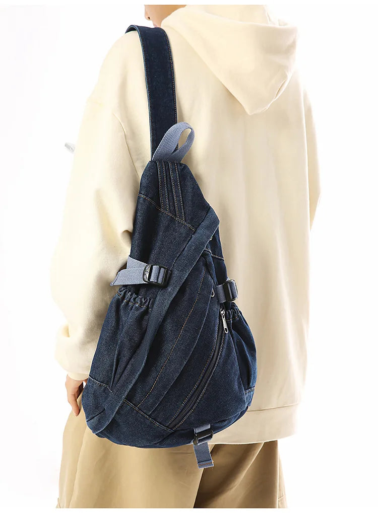 Vintage Washed Denim Sling Bag Man Woman Multifunction Retro Large Capacity Portable Motorcycle Chest Bag