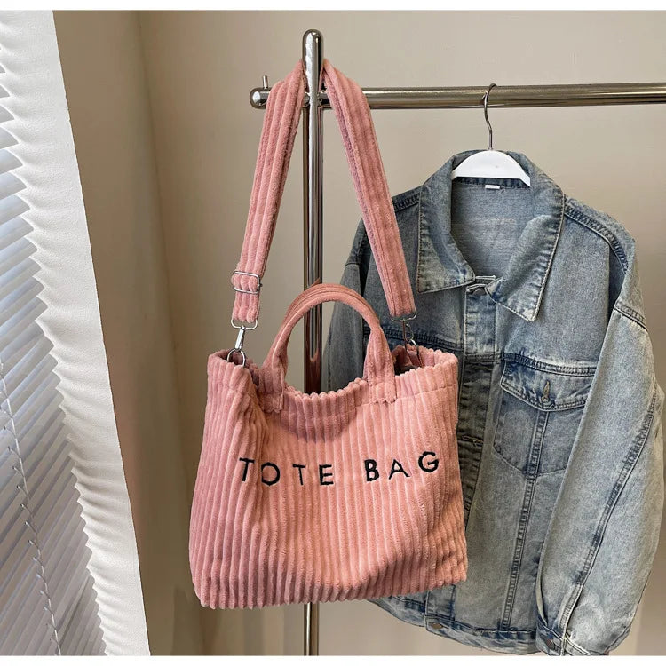 Bolso de mano de terciopelo a rayas de gran capacidad | Bolso tote elegante y versátil