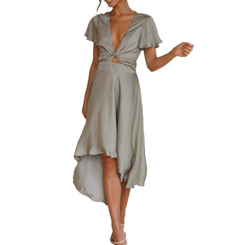 Women's Summer Satin Ruffle Midi Dress | Flowy High Low Hem
