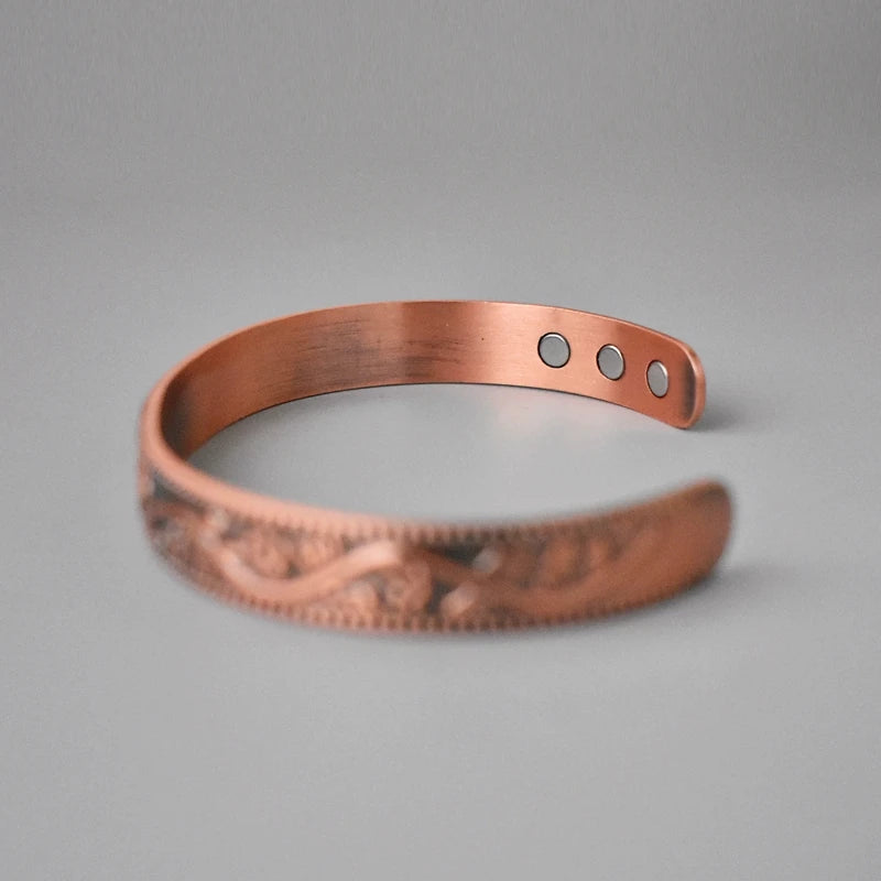 Vintage Floral Engraved Solid Copper Magnetic Therapy Cuff Bracelet
