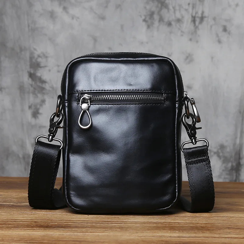 NZPJ Vintage Genuine Leather Men's Shoulder Bag Natural Cowhide Crossbody Bag Casual Small Backpack Suitable for 8-inch iPad