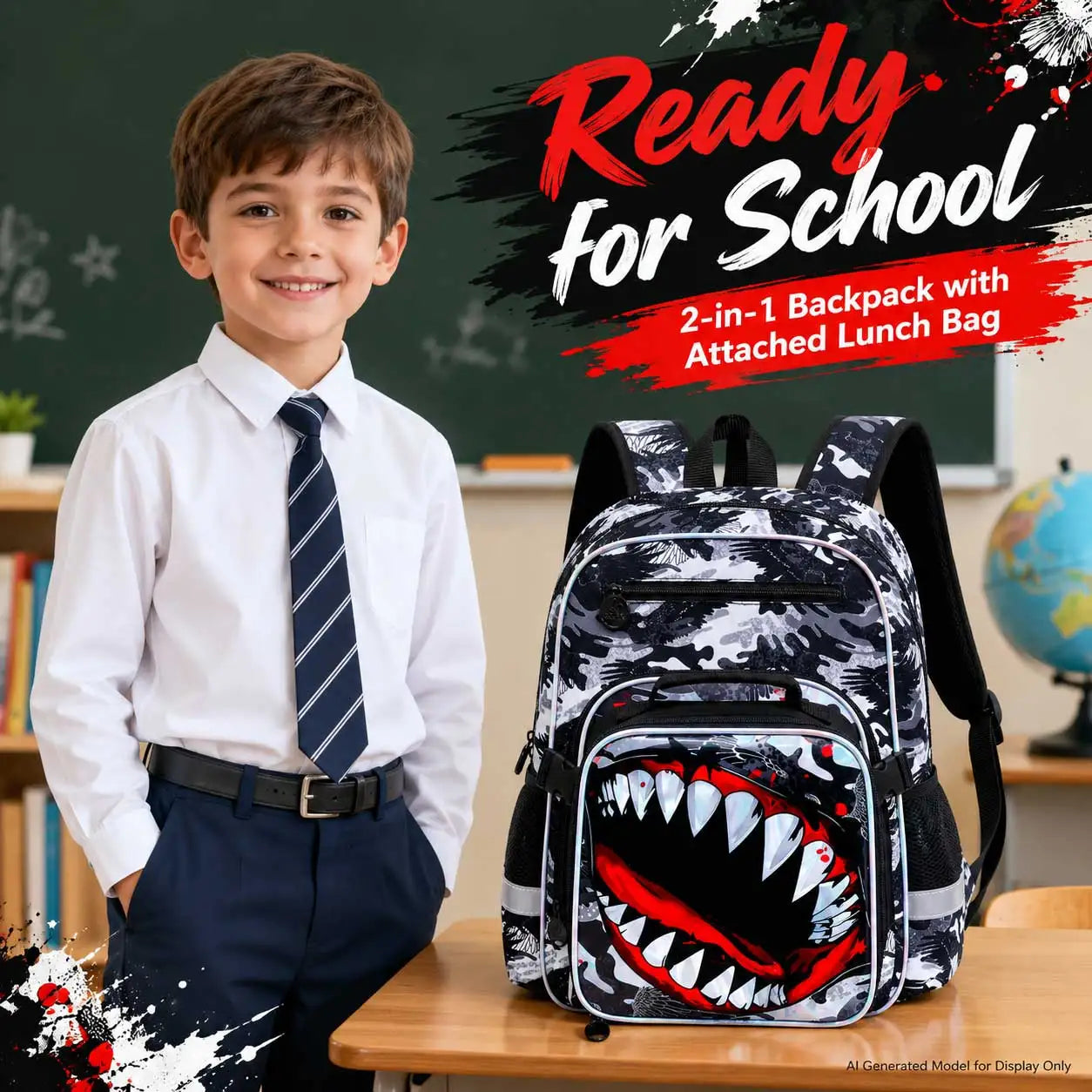 3pcs Boys Camo Shark Mouth School Backpack Set | Versatile Kids Gear