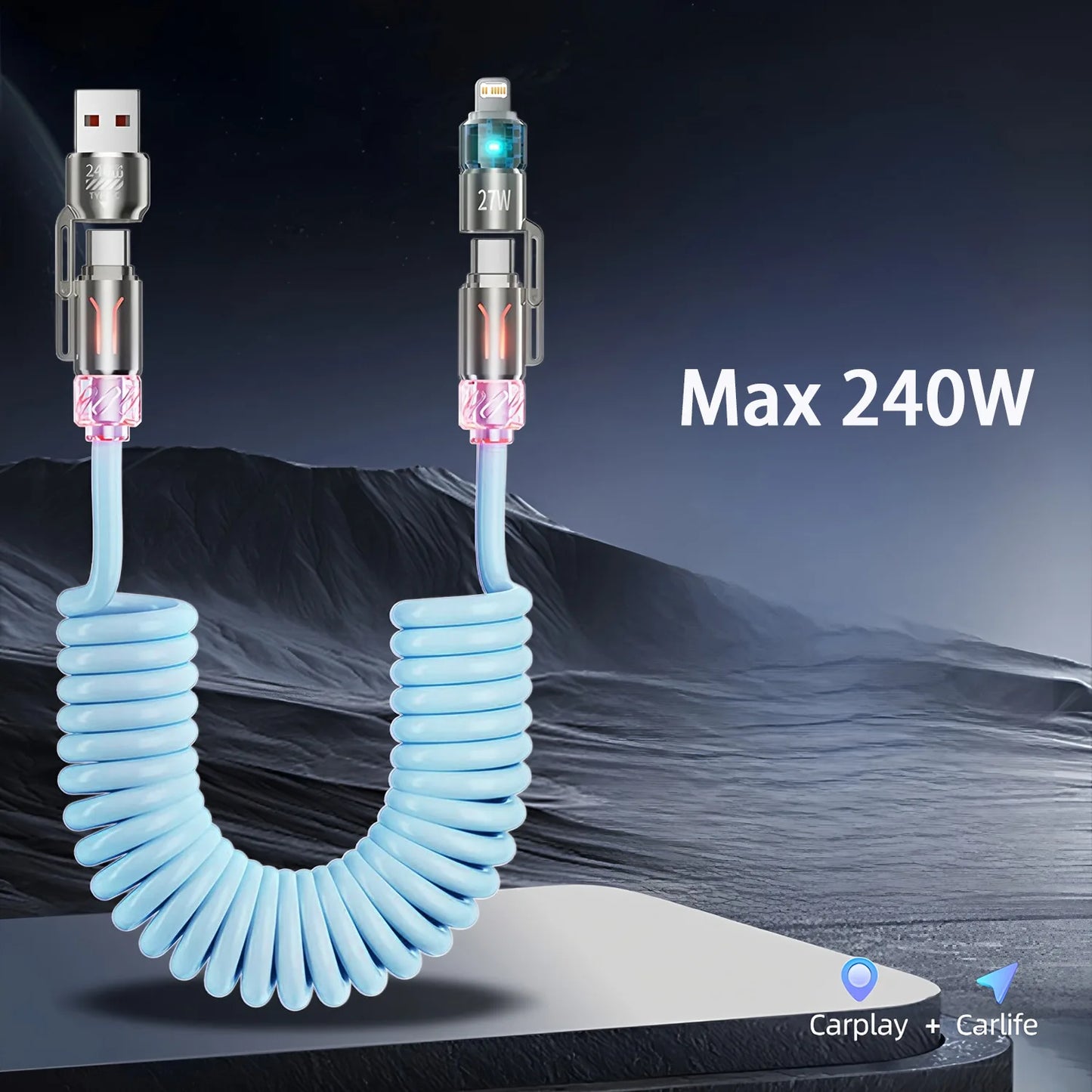 4 in 1 2m240W Spring Short Data Cable 6A USB Type C Spring Telescopic Quick Charger Wire Spring USB Cable for iPhone 15 14 13 12