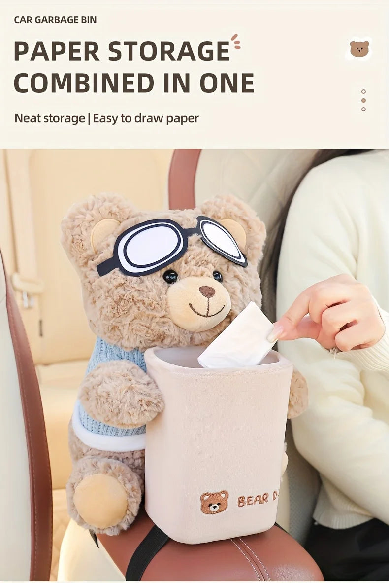 Adorable Teddy Bear Car Tissue Holder & Trash Can Organizer