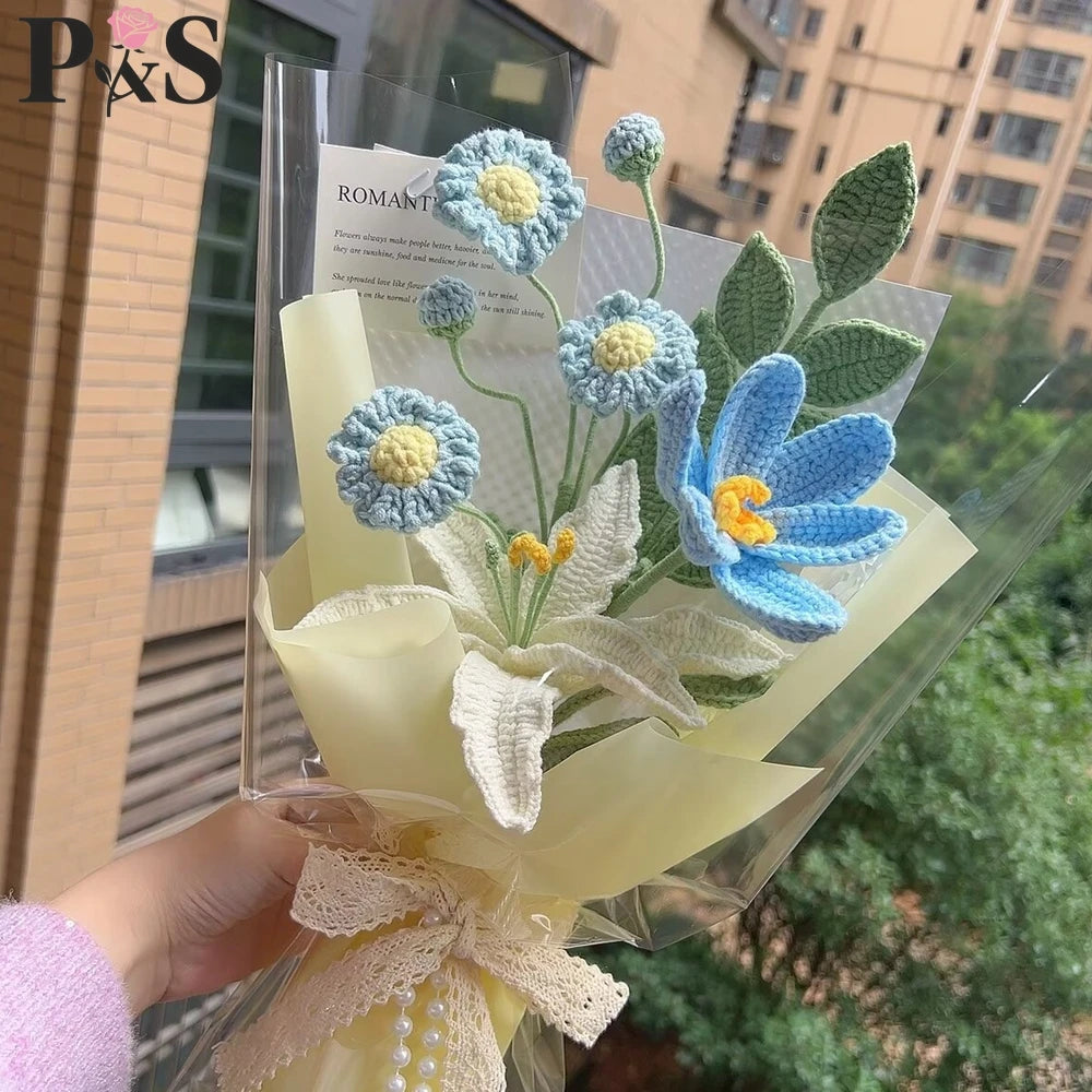 Ramo de Flores Tejido a Crochet a Mano | Elegantes Regalos de Decoración para el Hogar