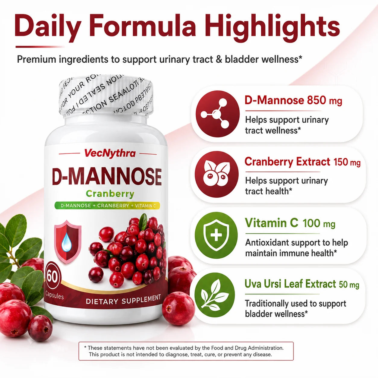 Cranberry D-Mannose Supplement with Vitamin C | 60 Capsules