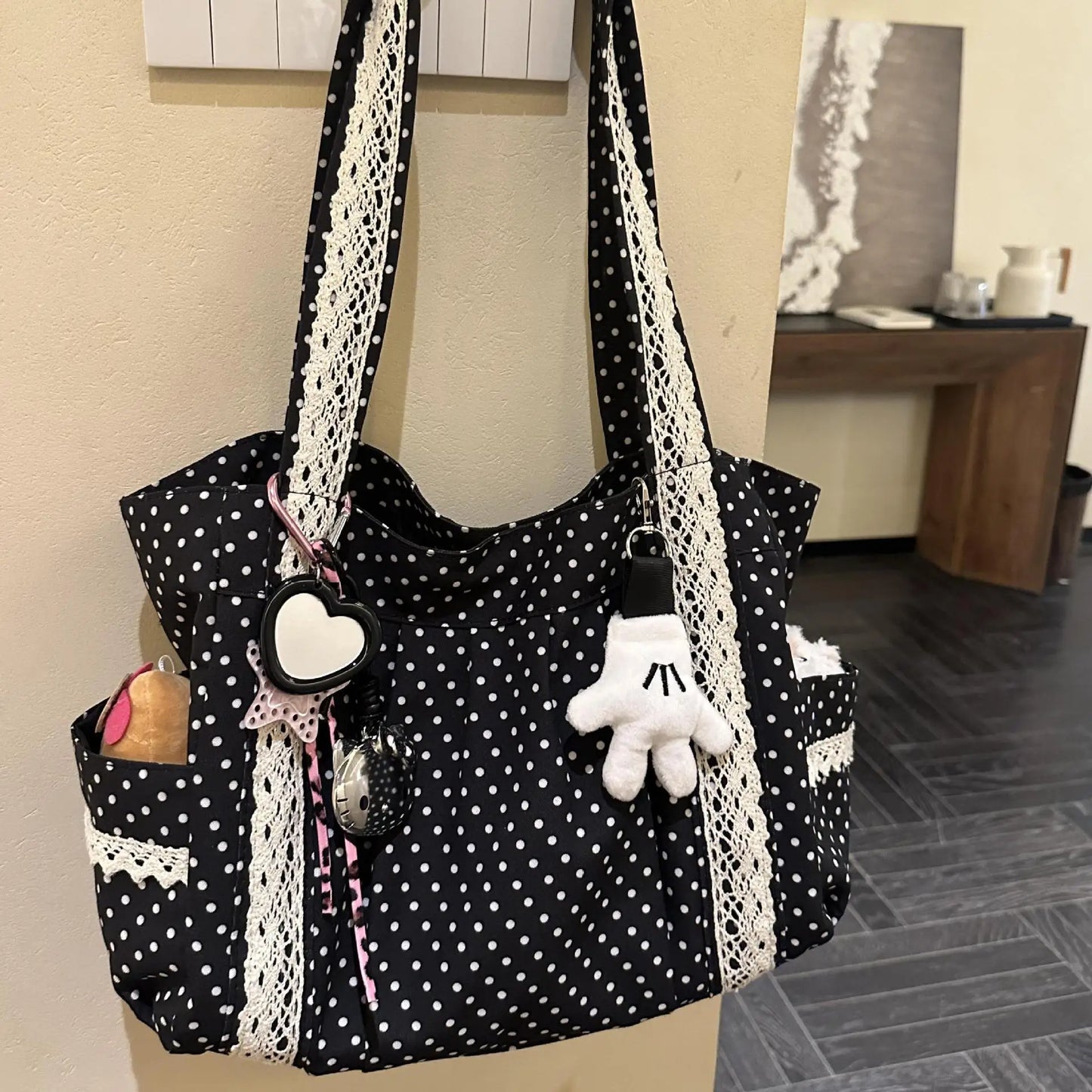 Bolso de mano de lona con lunares vintage | Espacioso y elegante