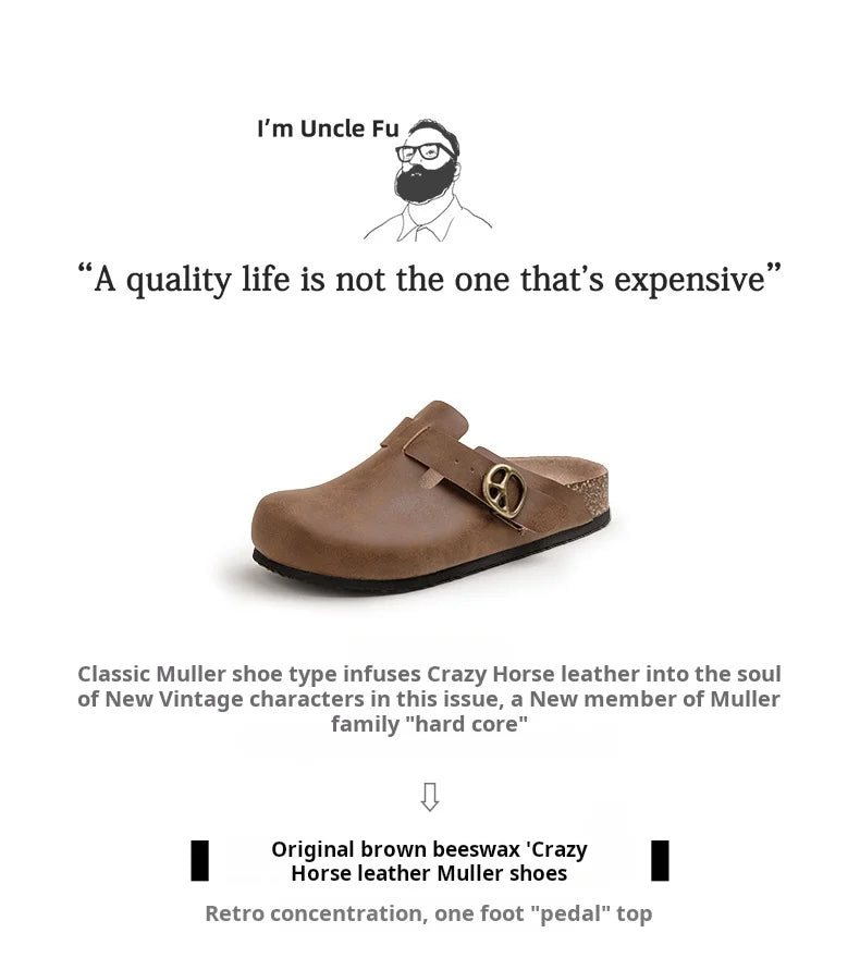 Men's Vintage Brown Leather Mules | Comfortable Slide-On Slippers
