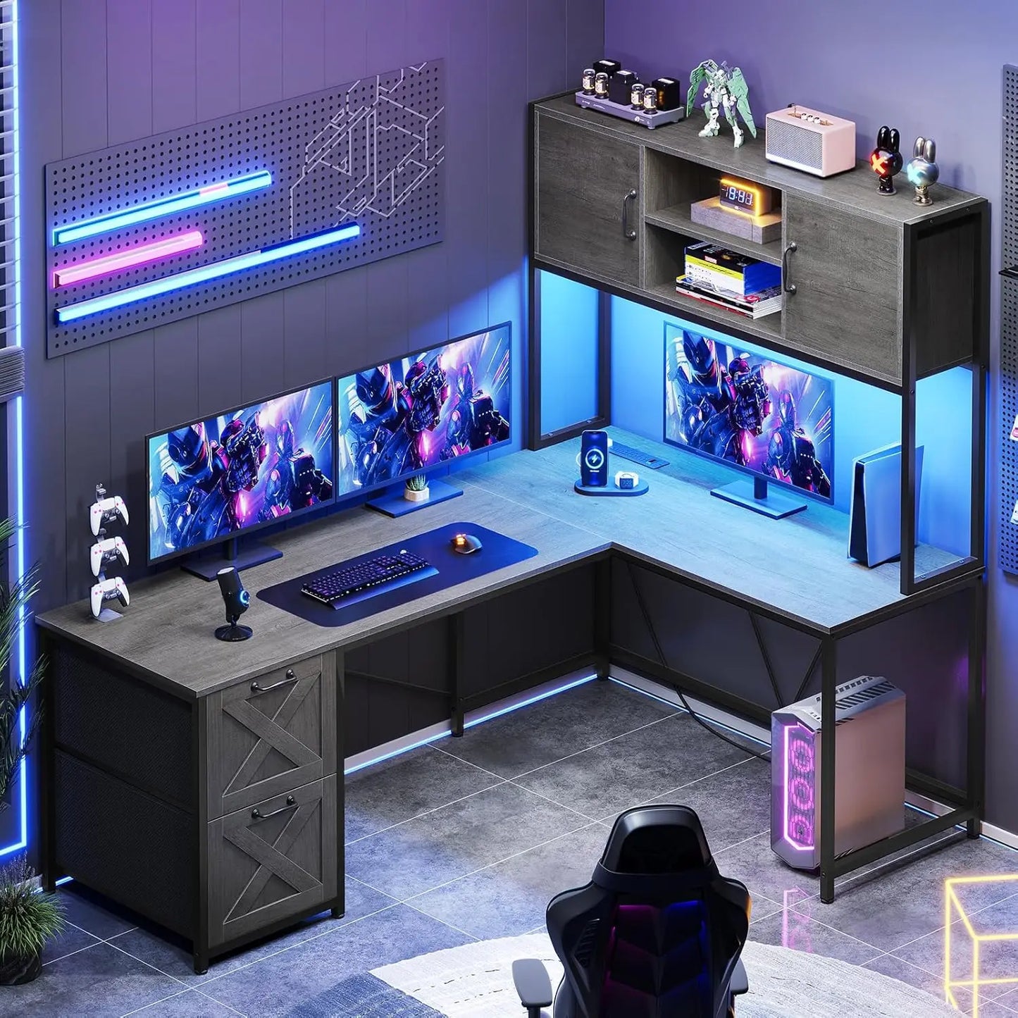 L-Shaped Gaming Desk with LED Lights & Storage Solutions