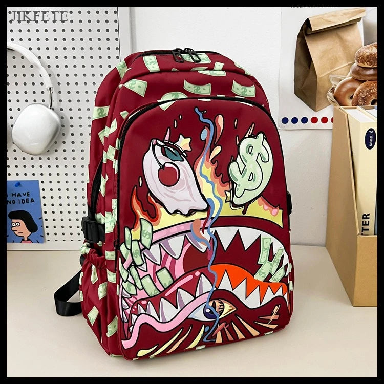 Stylish Shark Mouth Print Backpack | Versatile School & Travel Bag