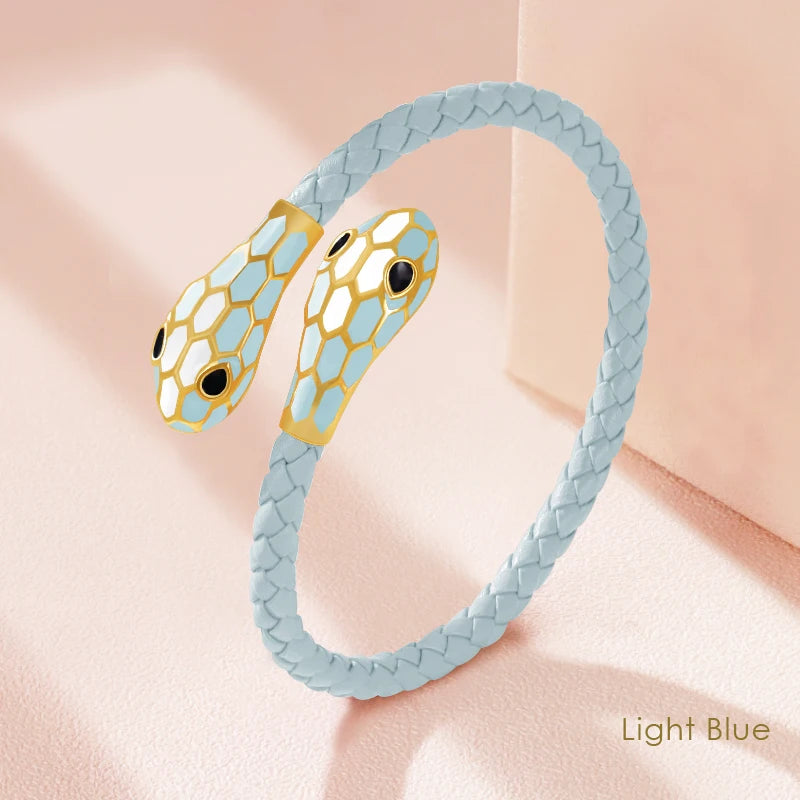 MOONLIGHT Classic Style Double Snake Head Cuff Bangles for Women Genuine Braided Leather Bracelets Female Fashion Jewelry Gifts