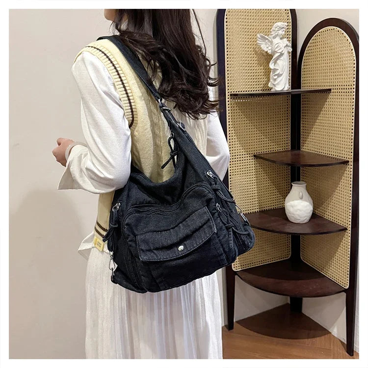 Trendy Solid Color Denim Shoulder Bag | Versatile Women's Crossbody