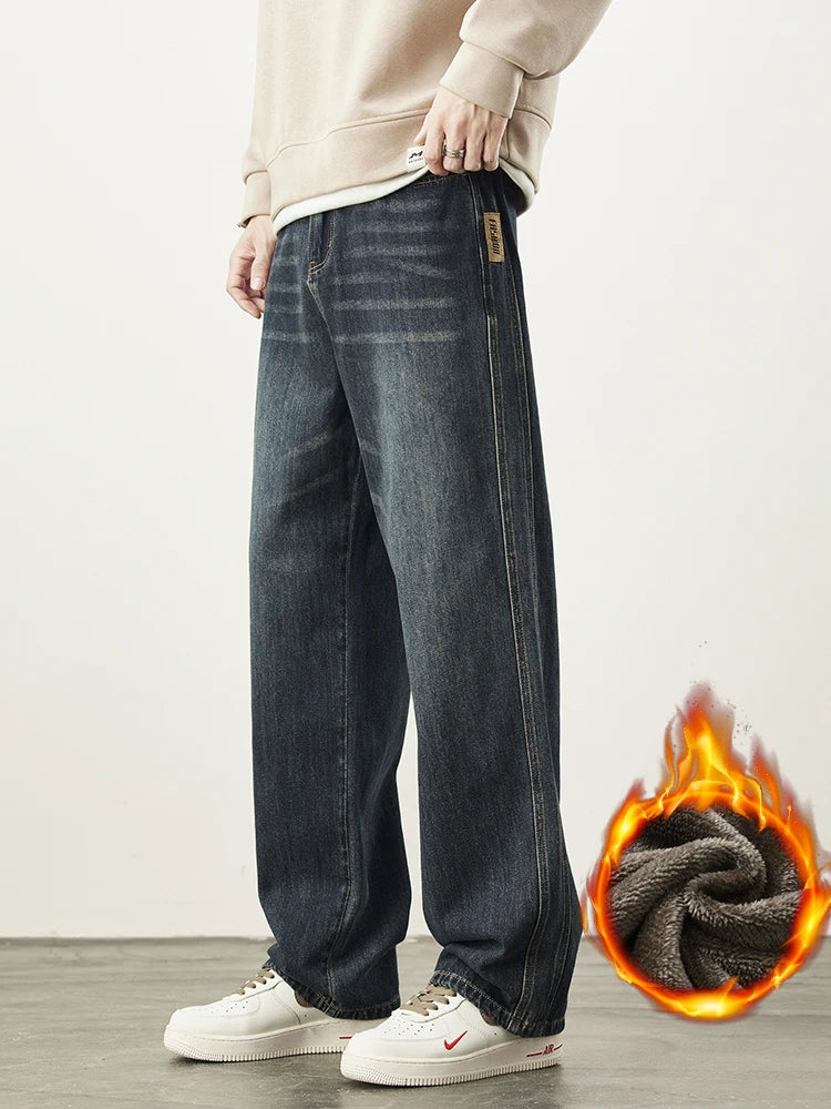 Wide-Leg Warm Fleece Jeans — Winter Thick Loose Straight Denim Pants for Men, Vintage Casual Velvet-Lined Korean Style Trousers