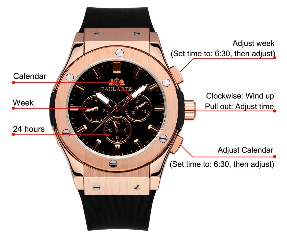 Men's Casual Automatic Mechanical Watch | Rose Gold & Rubber Strap