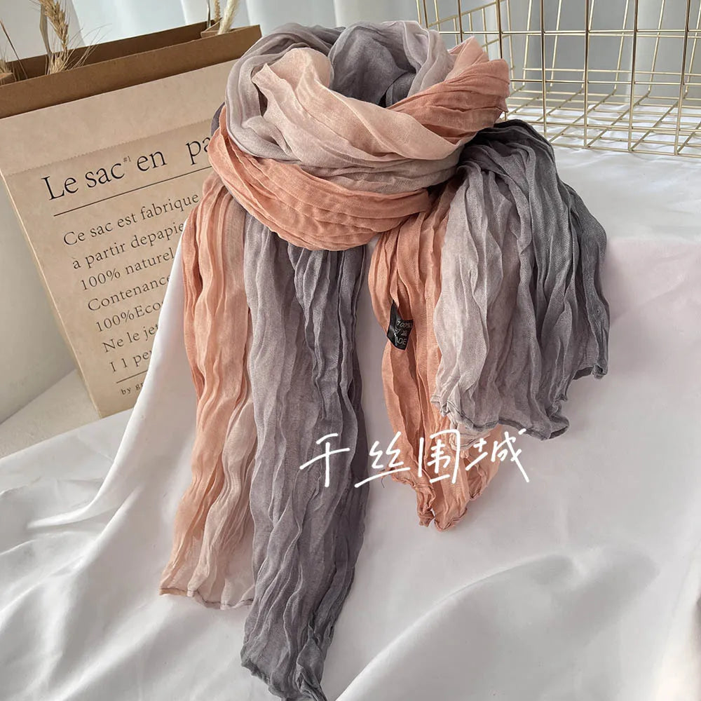 Elegant Women's Long Cotton Hemp Gradient Scarf for Winter Fashion