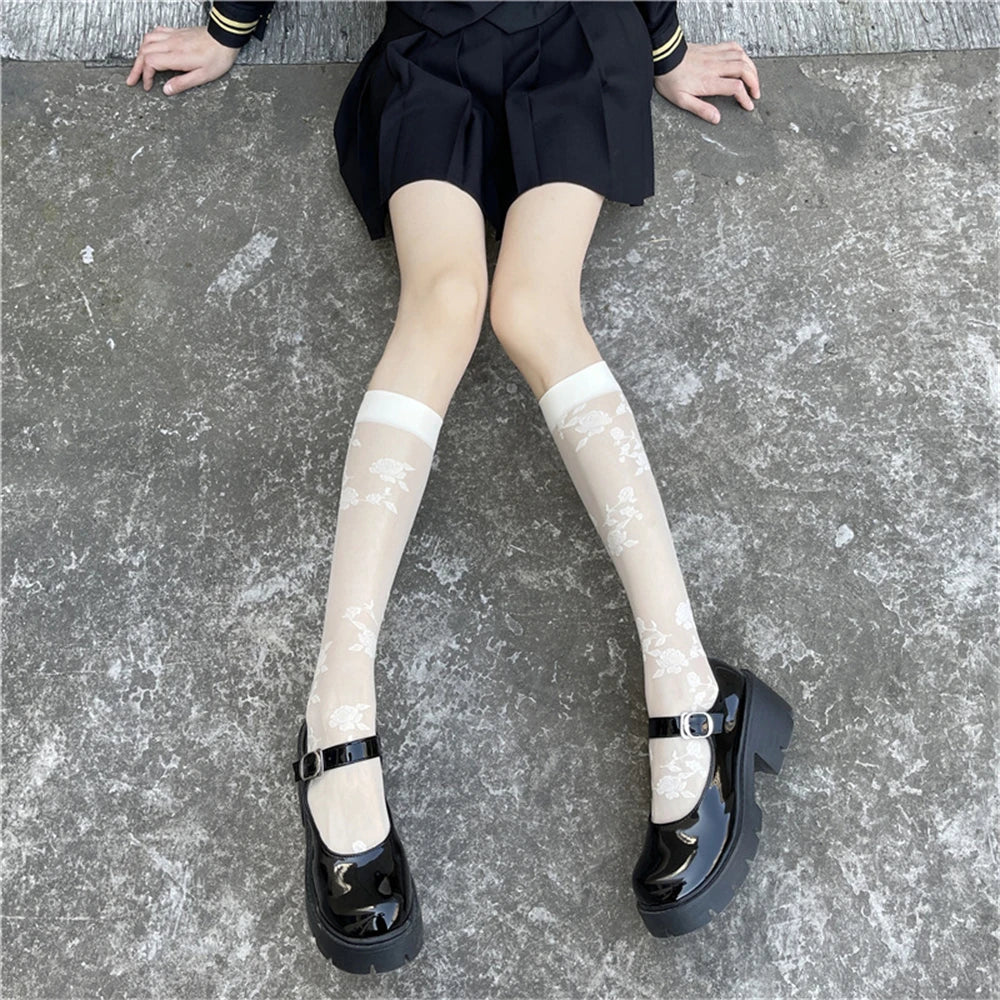 Elegant Black Rose Embroidery Long Socks | Women's Knee Highs