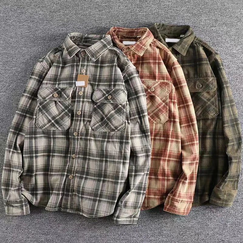 Men's Vintage Plaid Long Sleeve Shirt | Comfortable Corduroy Fashion
