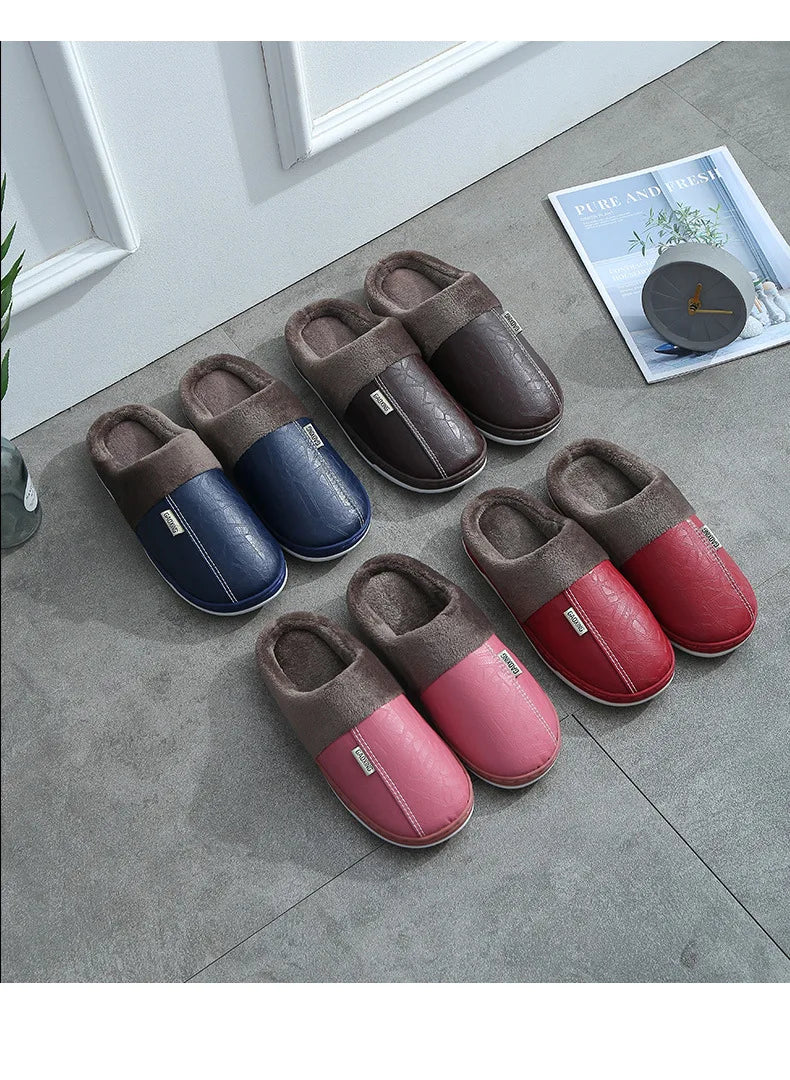 Men's Warm PU Leather Plush Slippers | Cozy Waterproof House Shoes