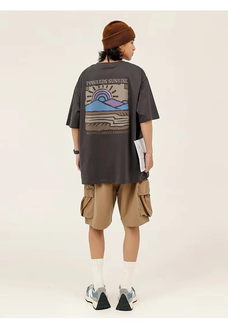 American Retro Pattern Printed Short-sleeved Crew Neck Cotton T-shirt Unisex Top Casual Loose Fashion Streetwear Top