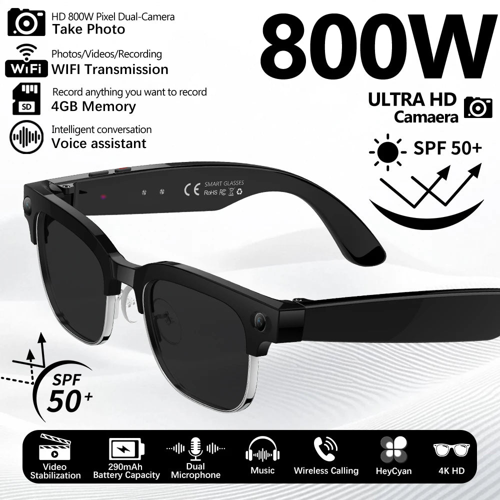 2026 Smart Glasses with 800W Ultra-Wide HD 4K Camera — Dual Lens Video Recording, 4GB AI Photo Recognition, Bluetooth Calls, Voice Translation, Anti-Blue Light UV Sunglasses