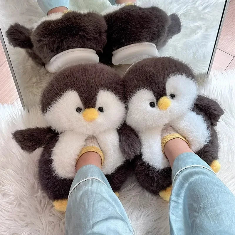 Cute Cartoon Penguin Cotton Slippers | Warm Plush Indoor Shoes