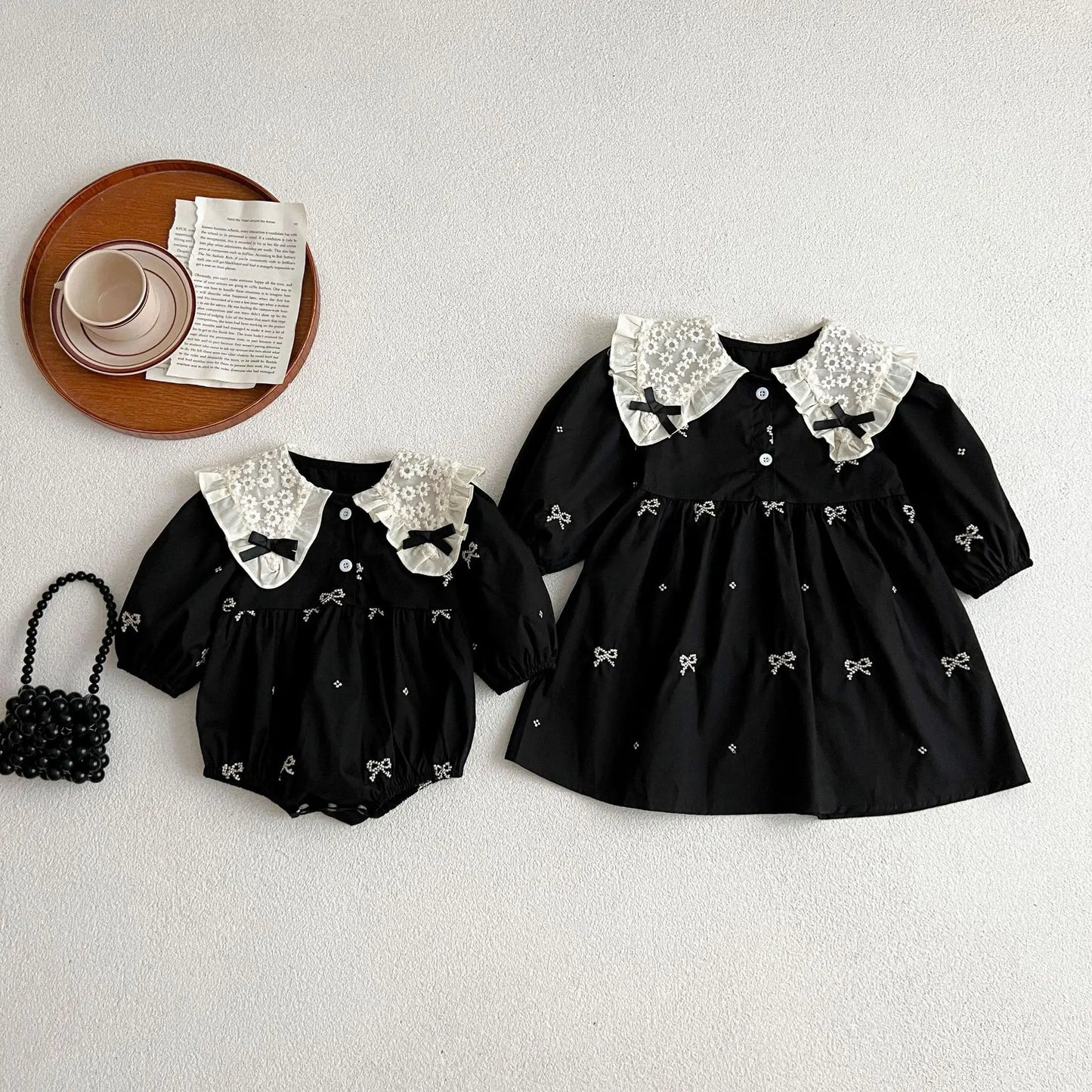 Cute Baby Girls Bow Lace Embroidery Bodysuit & Dress Set
