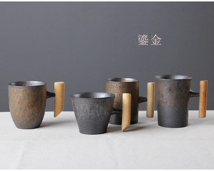 Vintage Ceramic Tea Cup Set with Wooden Handle | Elegant Drinkware