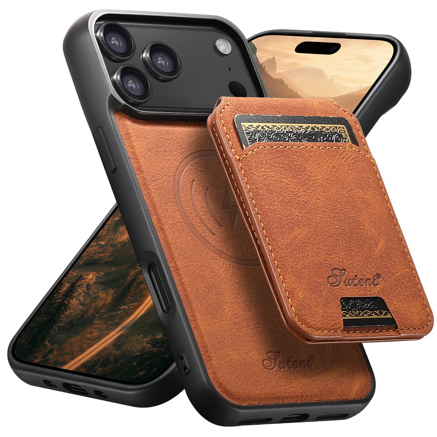 SUTENI Wireless Charging Phone Case Magnet Card Holder Stand Faux Leather For iPhone 17 Pro Max 16 Plus 15 14 13 12