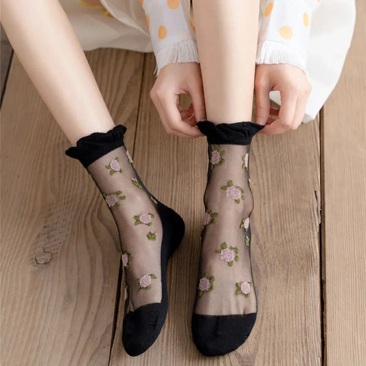 Women's Ultra-thin Lace Ruffle Socks | Vintage Rose Floral Style