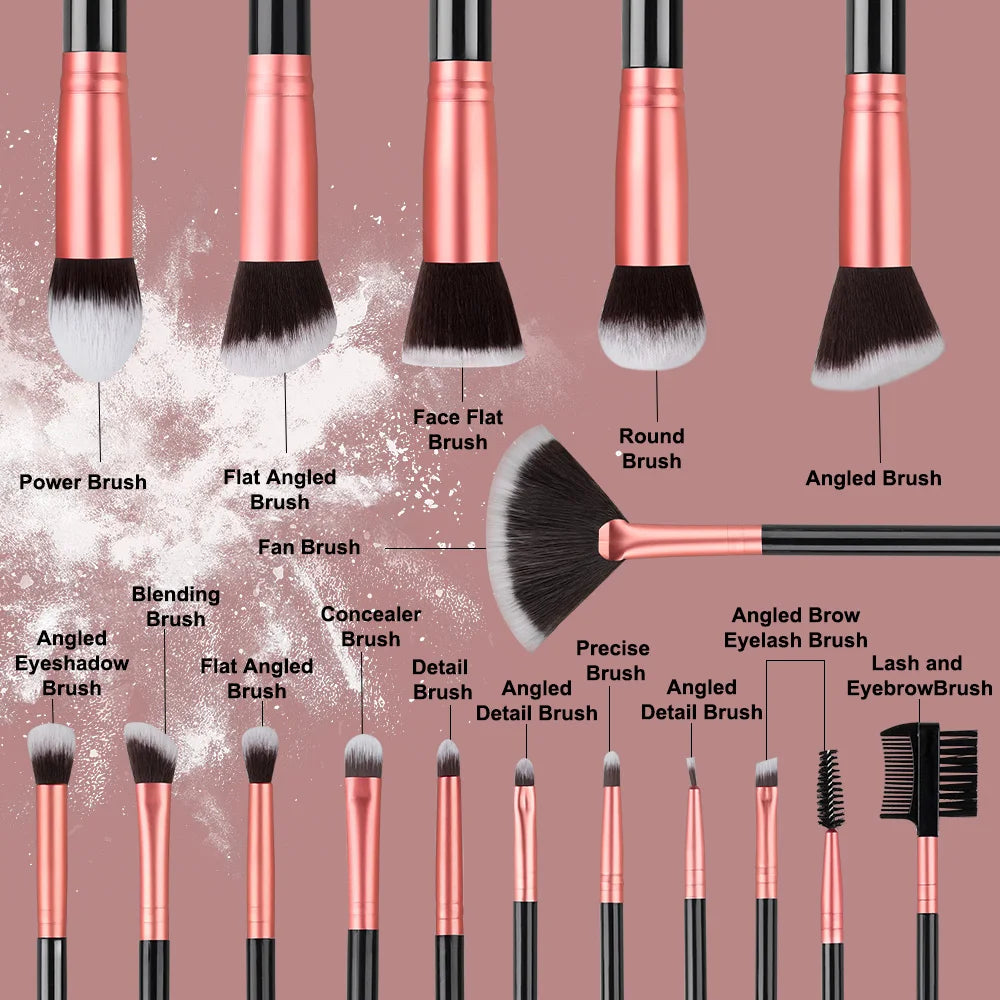 14-16 Piece Professional Makeup Brush Set – Soft Fluffy Goat & Synthetic Hair Brushes for Foundation, Eyeshadow, Blush, Concealer & Powder – Red/Black/Pink/Silver Handles