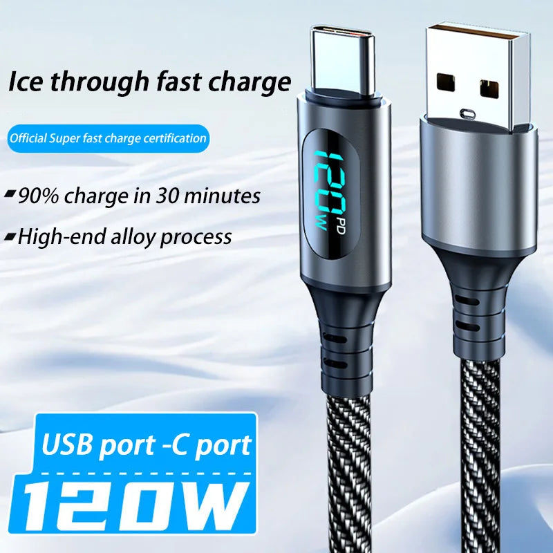 Cable A-C and C-C With Led Digital Display Cable Max 120W Super Fast Charge Cable For Xiaomi 17 Huawei Samsung iPhone Oneplus