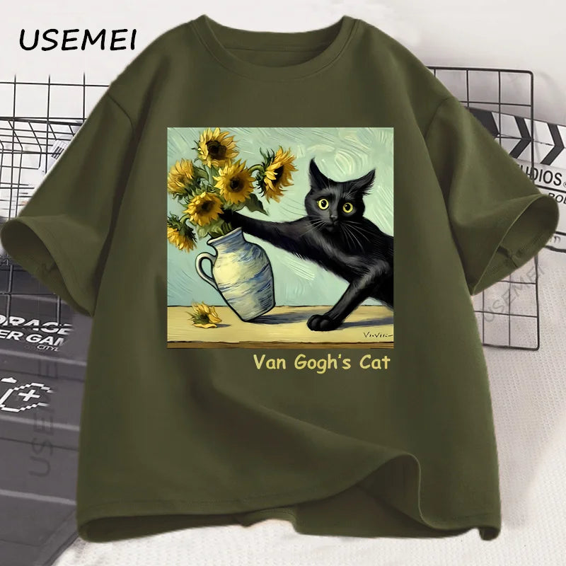 Funny Cat Art Print T-Shirt | Trendy Summer Short Sleeve Tee