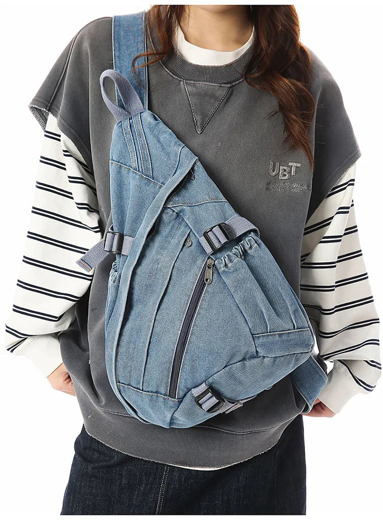 Vintage Washed Denim Sling Bag Man Woman Multifunction Retro Large Capacity Portable Motorcycle Chest Bag
