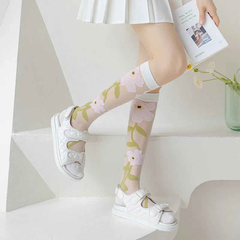 Floral Print Knee High Socks | Stylish Ultra-Thin Summer Stockings