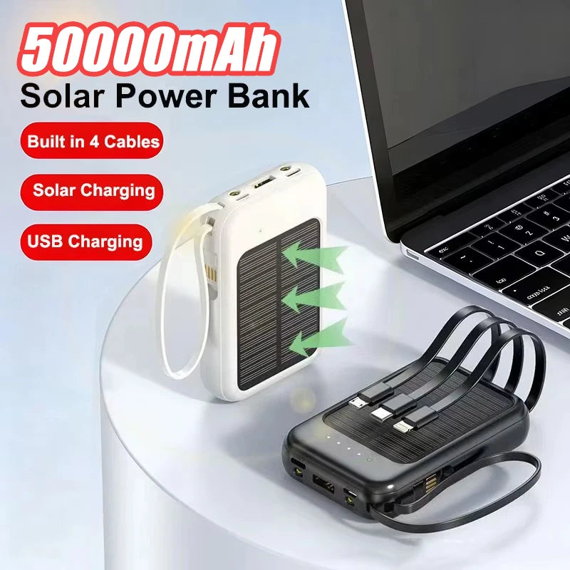 50000mAh Mini Solar Power Bank | Portable Charger with Cables