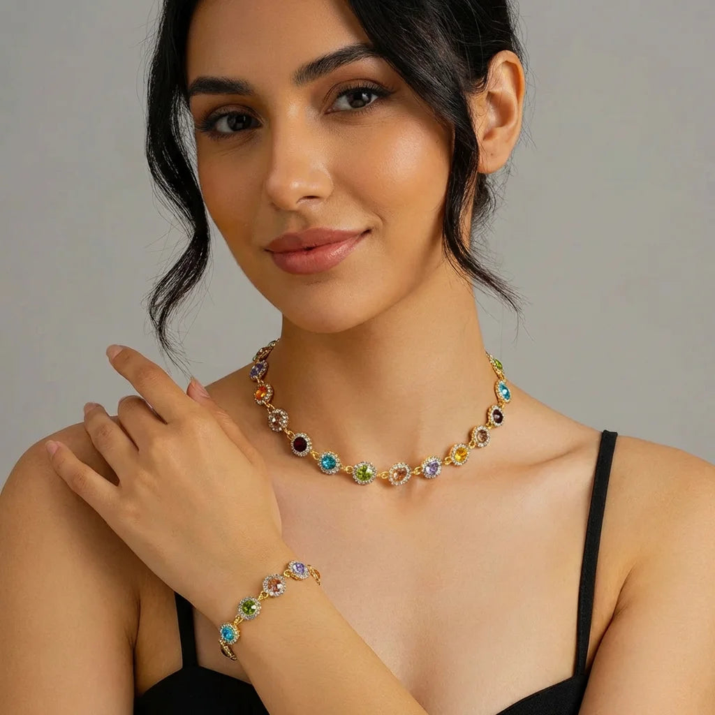 Colorful Crystal Choker Necklace and Bracelet Set for Women