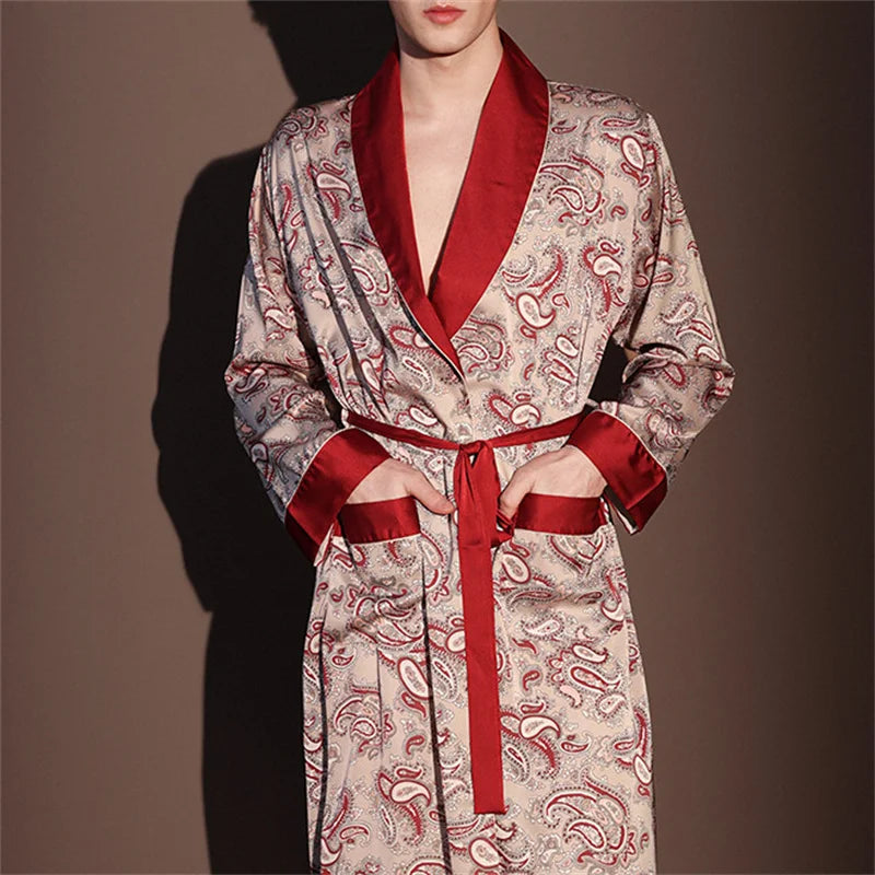 Spring Summer New Mens Robe Printed Bathrobe Kimono Gown Silky Satin Male Sleepwear Night Clothes Loose Casual Homewear Pajama
