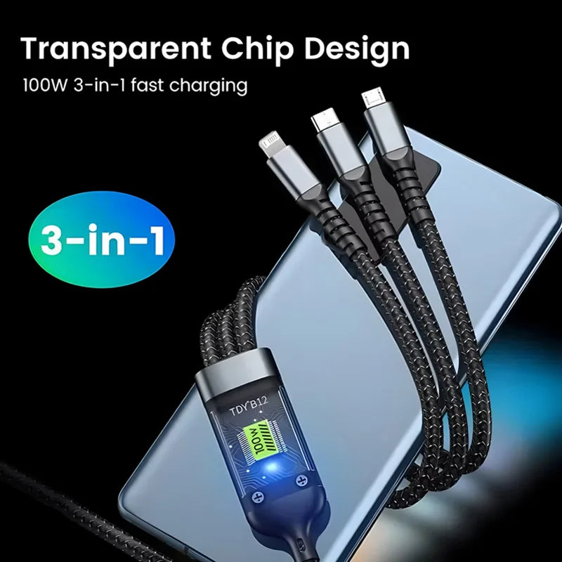 100W 3 In 1 Transparent Pilot Lamp Super Fast Charging Cable