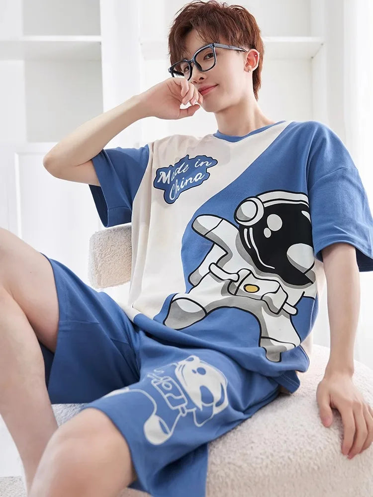 Men's Grey Plaid Short-Sleeved Pajamas | Comfortable Casual Sleepwear