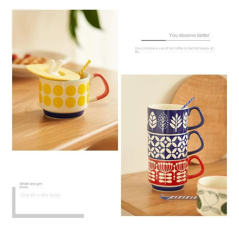 300ml Japanese Flower Ceramic Mug Set | Retro Drinkware for All Occasions