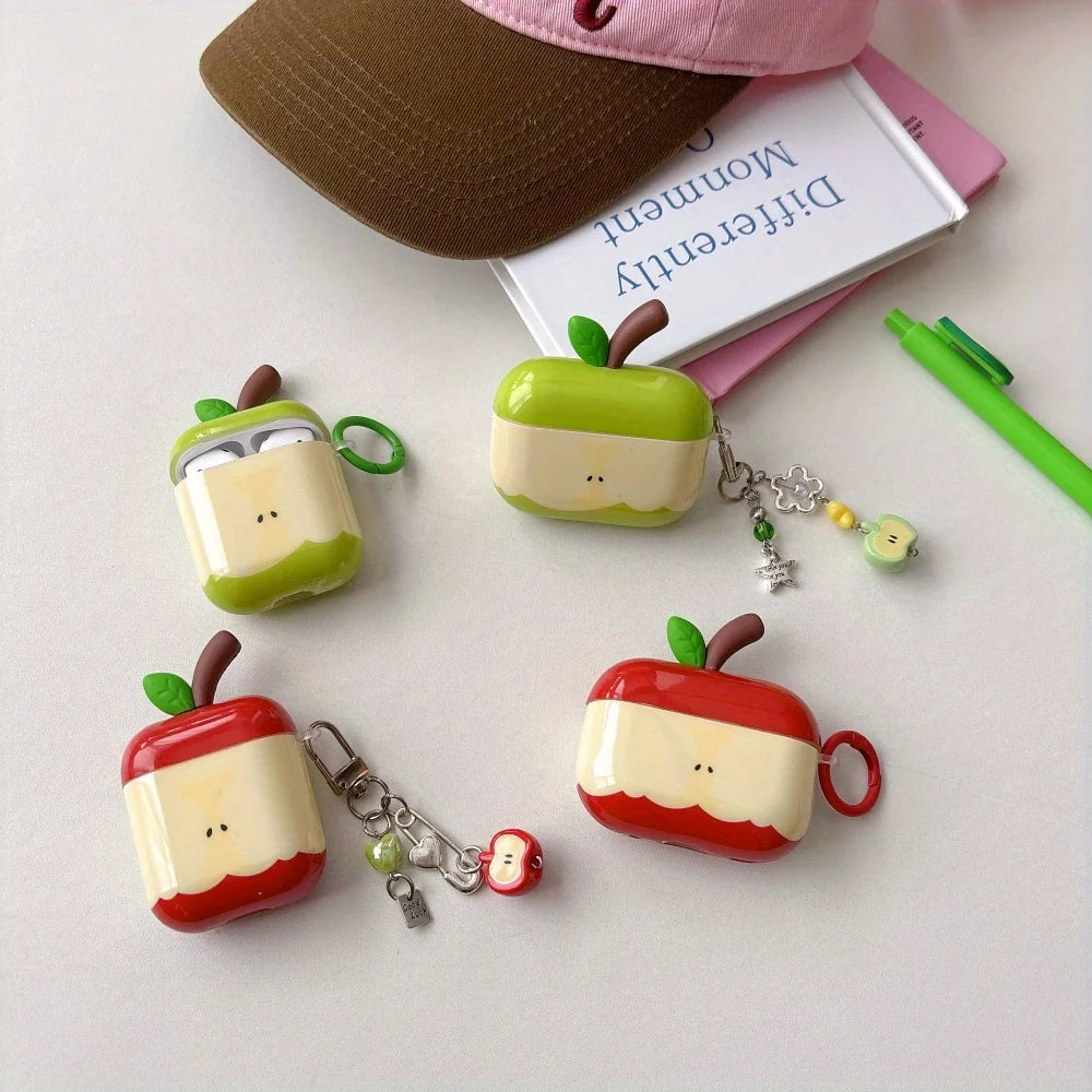 Bonita funda protectora para AirPods con forma de manzana verde en 3D | Divertida funda para auriculares