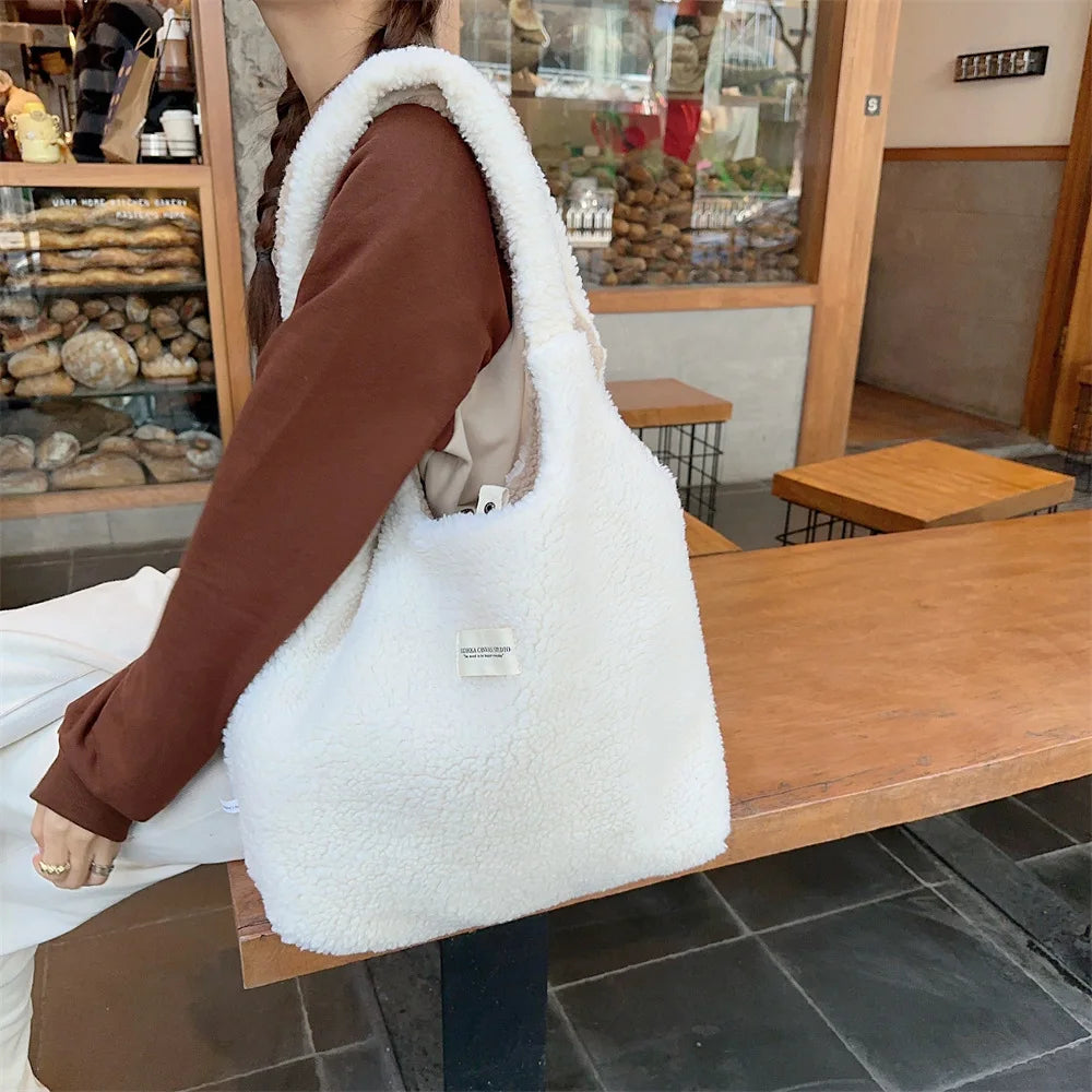 Reversible Plush Shoulder Bag for Women | Warm Fabric Tote