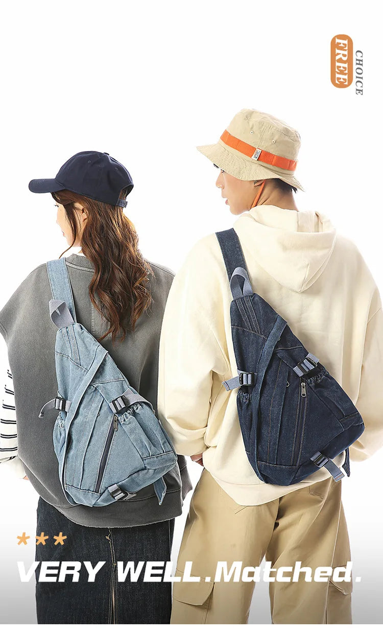 Vintage Washed Denim Sling Bag Man Woman Multifunction Retro Large Capacity Portable Motorcycle Chest Bag