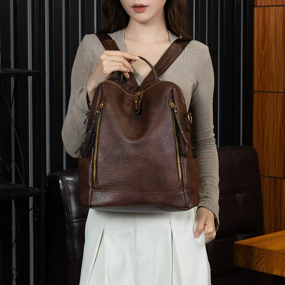Vintage Leather Backpack | Large Capacity Travel Rucksack for Women