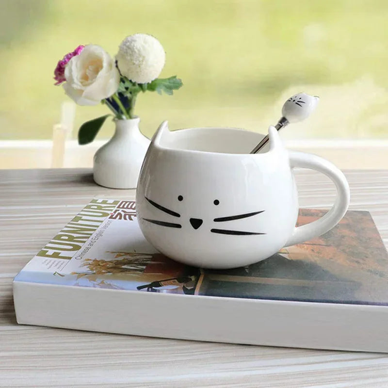 Cute Cartoon Cat Ceramic Coffee Mug with Spoon | Perfect Gift
