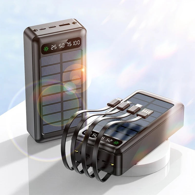 50000mAh Solar Power Bank with Built-In Cables for Outdoor Trips